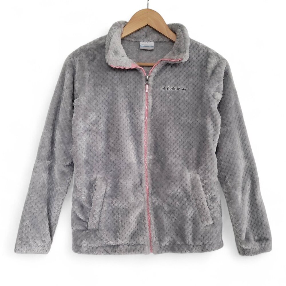Columbia Youth Teddy Bear Fleece‎ Jacket Dot Textured Plush Full Zip Grey L
